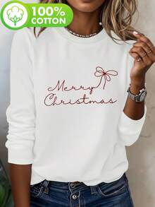 Gentle Christmas Style! Burgundy Bow Merry Christmas Print White Cotton Long-Sleeved T-Shirt, Women's Long-Sleeved T-Shirt, Cotton Long-Sleeved Crew Neck Top, Women's Top, 100% Cotton, Autumn And Winter, Winter Lining, Pullover, Sweatshirt, Women's Clothing, Autumn And Winter, Comfortable Fit, Autumn And Winter Clothing, Daily Travel - White - View 4