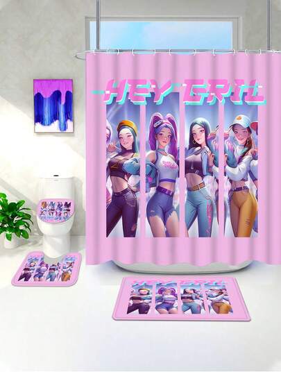 1/4 Pcs Pink & Blue Girl Power Bathroom Set, Includes Waterproof Shower Curtain With 12 Hooks, U-Shaped Toilet Mat, Bath Mat, Bathroom Accessories, Decorative Bathroom Set With Hanging Curtain, Toilet Mat, Floor Mat, Featuring Cute Girl Graphics And "HEY GIRL" Slogan On Pink Background