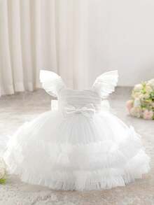 Baby Girls V-Neck Bow Ruffle Mesh Cute Wedding Dress, Suitable For Birthday Party, Excluding Headband - White - View 1