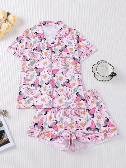 Bộ đồ ngủ nữ 2 món, thích hợp mặc ngoài trời mùa xuân/hè, với họa tiết xương rồng và hoa, gồm áo tay ngắn cổ bẻ thoải mái và quần đùi cạp chun, lý tưởng cho kỳ nghỉ, tiệc tùng hoặc mặc ở nhà.