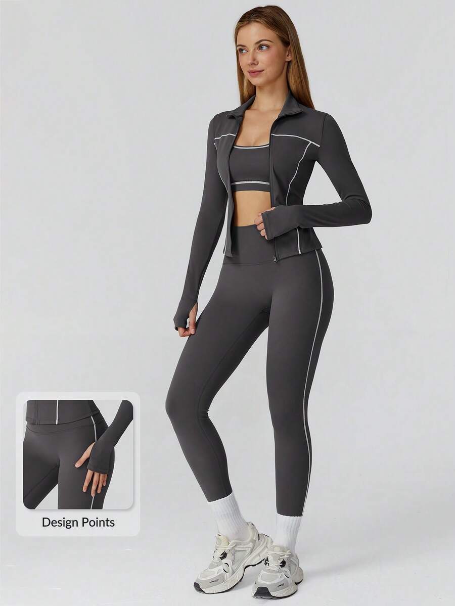 MASKERT 女士套装拼布外套女瑜伽服运动服健身服弹力拼布长裤紧身跑步服柔软舒适居家休闲 - 深灰色 - 查看 1