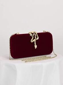 1 buah Tas Clutch Kecil Elegan Beludru Hitam, Tas Tangan Modis dengan Hiasan Rantai Berlian Imitasi dan Kunci Kepala Ular, Cocok untuk Gaun Malam, Acara Makan Malam Formal, Pernikahan, Pesta, Koktail, Hadiah untuk Wanita - Burgundy - View 7