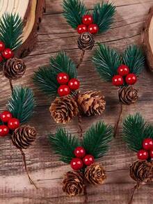 20/1件装红色浆果枝条，松果花，人造圣诞松果浆果花环，仿真红色浆果枝条绿植，塑料圣诞树枝，适用于工艺品、壁炉、酒吧、派对、节日装饰、婚礼派对用品、厨房餐桌装饰、情人节礼物、家居装饰、圣诞装饰、房间装饰、圣诞树装饰品 - 紅色 - 查看 2