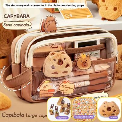 1 Set Cute Capybara Pencil Case, Includes Plush Doll, Stickers & Accessories, Spacious Multi-Compartment Storage, Zipper Closure, School Supplies, Back To School Essential