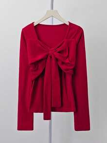 女士红色领结长袖 T 恤，紧身 V 领汗衫，秋冬 - 紅色 - 查看 3