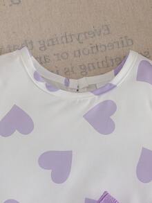2 pièces/Set Tenue décontractée et douce pour bébé fille, Top sans manches à imprimé cœur avec double volant et nœud, short unicolore confortable. Ensemble d'été - Parme - Voir 3