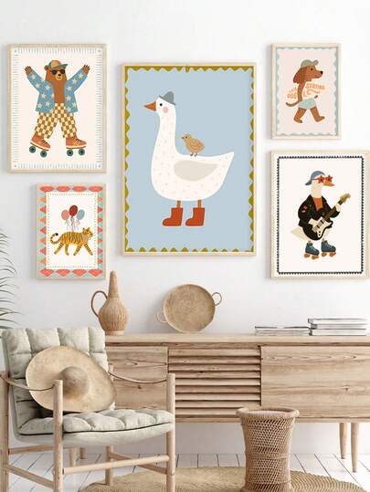 1pc Framed Canvas Wall Art, Featuring Rocking Star Duck Guitar Pattern, Suitable For Children's Room, Game Room, Nursery, Girls' Bedroom, Boys' Bedroom, Ideal Nursery Decor