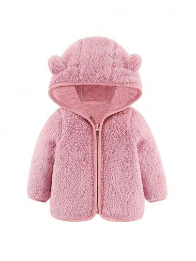 1pc Baby Girls' Casual Cute Furry Warm Hooded Coat, Pink, Fall/winter