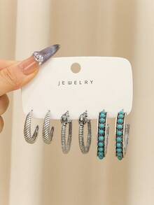 Bộ 1-3 đôi hoa tai hình chữ C khảm ngọc lam hình bán nguyệt họa tiết hoa phóng đại - Bộ 3 đôi bông tai hình chữ C - Xem 7