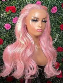 13X4 Baby Pink Color Long Body Wave Lace Front Wig Water Wave Wigs Glueless Free Part Heat Resistant Light Pink Synthetic Hair Replacement Wigs For Women Perfect For Daily Wear Parties Special Occasions - Hồng - Xem 2