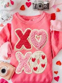 情人节仿毛线 XOXO 爱心 DIY 熨烫热转印贴纸贴片，适用于 T 恤、卫衣、布料、包包、枕套、服装装饰、节日派对装饰，10 英寸 - 粉色 - 查看 1