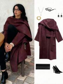 Women's New Casual Versatile Scarf Collar Vintage Coat, Long Sleeve Warm Commute Elegant Lady Style Long Burgundy Overcoat, Autumn/Winter Spring - Burgundy - View 5