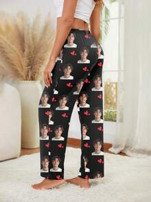 Customized Women's Pajama Pants, Unique Couple's Portrait, Couple's Face Replacement And Pet Face Swap, Holiday Atmosphere - Celebrity Portrait Fan Merchandise - Black - View 2
