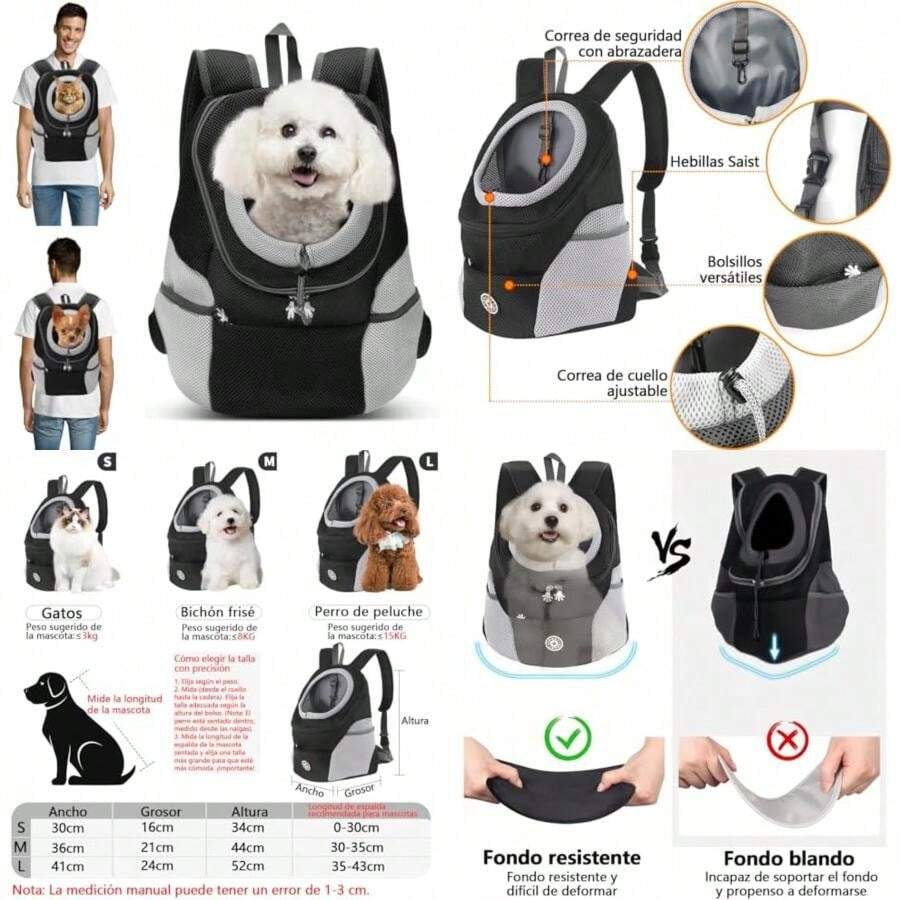 Bolsa portátil para Mascotas Mochila Frontal,Mochila Frontal Respirable para Perros,Fácil de Limpiar, Carga MAX 5-11kg, Adecuado para Salir, Andar en Bicicleta (Negro, )(negro Large) - Multicolor - Ver 1