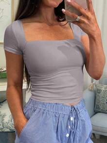 Vaiaye Women's Casual Solid Color Knit Square Neck Sexy Slim Fit Y2K Short Sleeve T-Shirt, Spring/Summer Activewear Top - Brown - View 10