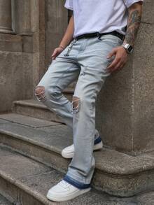 Men's Light Wash Distressed Stretch Slim Fit Flare Leg Jeans, American Casual Street Style Ripped Denim Pants, All Season - Light Wash - View 6