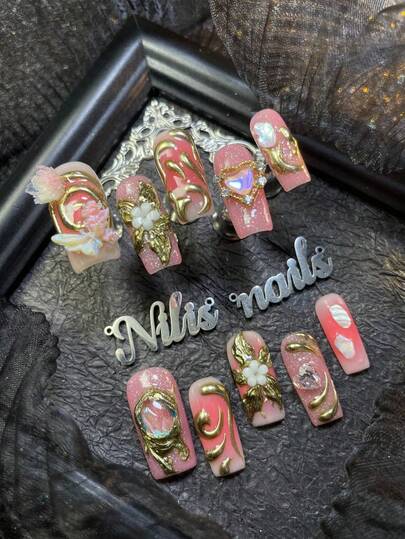 10pcs Square Acrylic Nail Kit, Handmade Chrome Nail Powder Light Pink Nails,Pink Tie Dye,Cute Girl Y2K Style Nail Art Set,3D Stereo Flower&Butterfly&Heart& Color Diamond Nails Accessories Decorations,Hand Drawn Geometric Patterns Design,Suitable For Girls Valentine's Day Use,Comes With 1 Mini Nail File And 1 Double-Sided Adhesive Label.