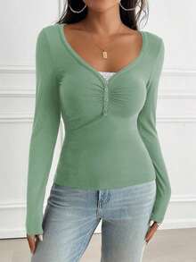 Women's T-Shirt Y2K Fall Clothes Casual Daily Sexy Solid Color Lace Contrasting Color Slim Long Sleeve V-Neck Top - Bean Green - 查看 7
