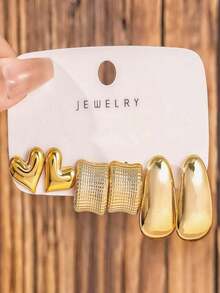 3件套极简流苏C形水滴珠耳环，时尚创意 - 金色 - 查看 6