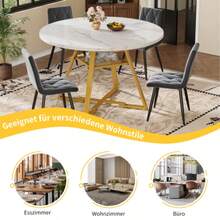 Round Dining Table (1 Piece) Kitchen Table Breakfast Table Metal Legs Marble Look Black/White - White - View 6