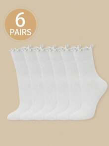6 双女式荷叶边白色休闲中筒袜，百搭，秋冬款 - 白色 - 查看 8