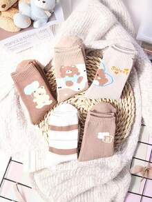 5 Pairs Of Women's Mid Length Socks With Cartoon Teddy Bear Pattern, Thickened Velvet, Suitable For Autumn And Winter, Home Sleep, Outdoor Activities, And Sports Youth (18-40 Years Old) - Multicolor - View 3