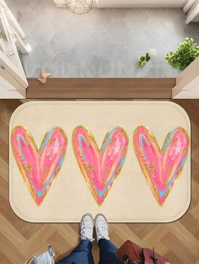 1 件装温馨迎宾门垫，黄色爱心图案，饰以彩色爱心边框，是情人节的理想礼物。法兰绒材质，防滑，可机洗，印花地毯，适用于玄关、浴室、客厅、洗衣房，春季装饰，家居装饰，情人节地毯，防滑地垫。