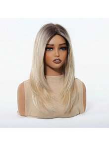 22 Inch Dark Brown To Blonde Ombre Long Straight Bob Wig No Bangs For Women - Natural-Looking Glueless | Heat-Resistant Synthetic | Women Daily/Music Festivals/Costume Parties - 漸變金色 - 查看 4