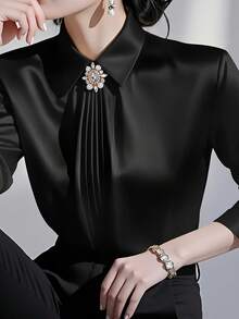 Women's Solid Color Collared Long Sleeve Shirt, Fashionable Elegant Office Commute Versatile Long Sleeve Blouse Black Spring - Black - View 4