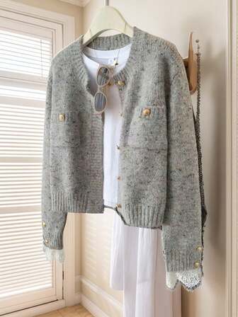 JIANHU Cárdigan de punto de mujer para otoño - Botones desgastados y bajo con flecos, suéter holgado moteado en beige para citas de café/ropa de casa Hygge/capas casuales