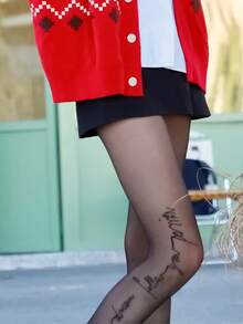 Sexy Letter Print Black Pantyhose Slim Fit For Office Daily Valentine - Multicolor - View 5