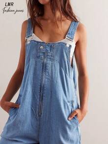 女士水洗牛仔连体裤 宽松复古休闲阔腿连体裤 可调节肩带 夏季日常外出百搭单品 - 淺色水洗藍 - 查看 5