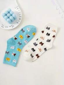 5双装女士休闲猫咪印花袜，可爱动物图案，舒适透气，百搭时尚，猫头组合，理想的礼物之选 - 彩色 - 查看 4