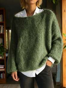 Plus Size Women Casual Solid Color Round Neck Long Sleeve Sweater - Green - View 1