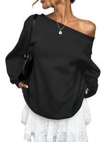 Women's Fleece Lined Off Shoulder Long Sleeve Oversized Pullover Top, Slouchy Basic Sweatshirt 8UTF - Gray - 查看 8