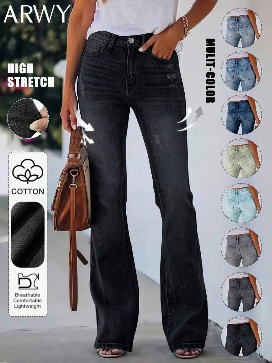 ARWY 渐变色修身优雅喇叭牛仔裤，百搭休闲风，适合日常、夜间外出、度假等各种场合，四季皆宜，也适合圣诞节、万圣节、美国骄傲月、复活节和春季穿着。黑色 - 黑色 - 查看 1