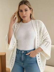 Set Of 2 Women's Cardigan Blouses, Knitted Cape, Openwork Knit, Autumn - 米色/銅色 - 查看 6