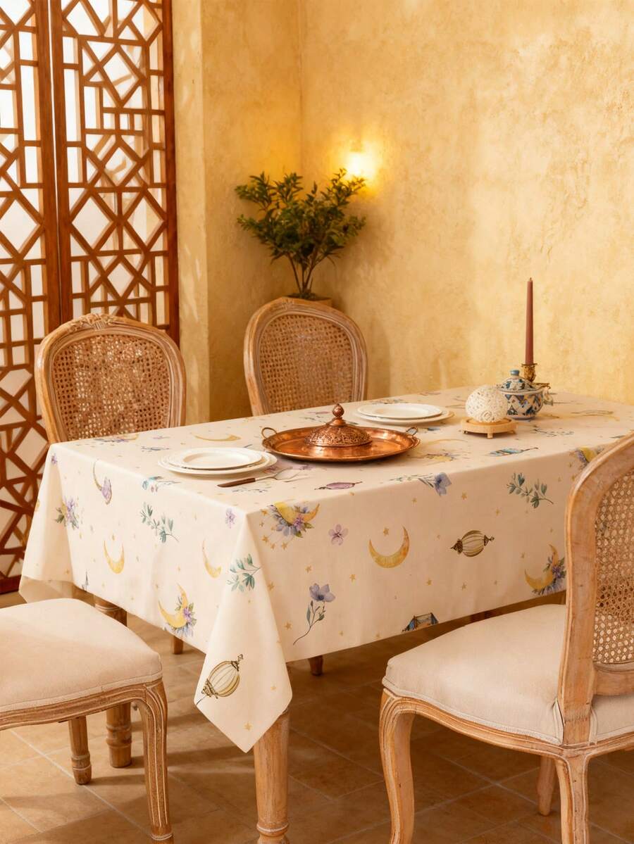 1pc Elegant Beige Rectangular Tablecloth, Featuring Colorful Lanterns, Floral Patterns And Golden Moon Design, Machine Washable, Suitable For Dining Table, Coffee Table, Kitchen, Dining Room, Living Room, Parties, Celebrations, Festivals, Gifts - Multicolor - View 1