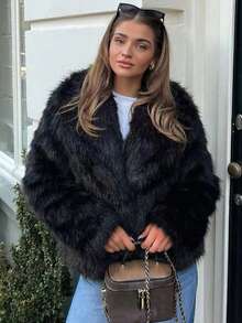 Faux Fur Fluffy Warm Long Sleeve Autumn/Winter Jacket - Black - View 5