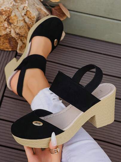 Fashionable & Elegant Elastic Closed Toe Rope Thick Bottom Open-Back Women Casual Wedge Sandals