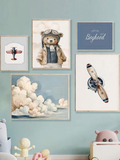 1pc Canvas Wall Art Brown Bear Blue Gallery, Navy Blue Baby Boy Nursery Wall Art, Vintage Airplane Wall Art, Travel-Themed Baby Boy Room, Aviation-Themed Children's Room, Cloudy Sky Playroom Wall Art Framed Nursery Wall Art Suitable For Children's Room Decor