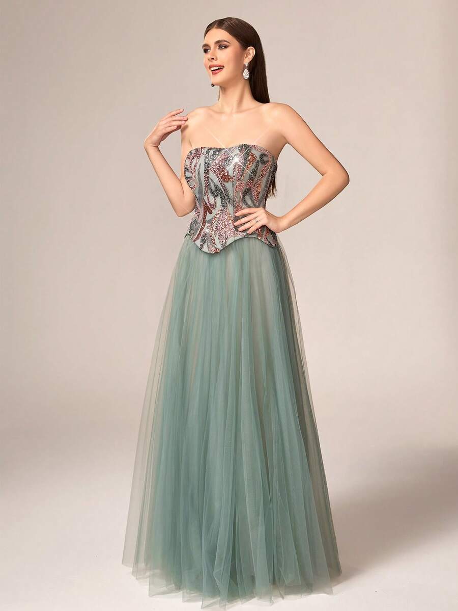 VIPGIRL 优雅奢华柔软女士无肩带长款喇叭形网纱撞色亮片晚礼服 无袖 - 綠色 - 查看 1