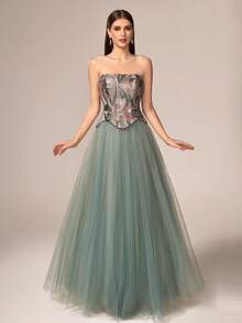 VIPGIRL 优雅奢华柔软女士无肩带长款喇叭形网纱撞色亮片晚礼服 无袖 - 綠色 - 查看 5