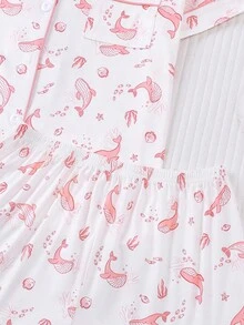 Bộ đồ ngủ nữ 2 món, in hình cá voi biển dễ thương, áo tay ngắn cổ bẻ thoải mái và quần short cạp chun, thích hợp cho kỳ nghỉ, tiệc tùng, hoạt động ngoài trời và mặc ở nhà. - Màu Hồng  San hô - Xem 8