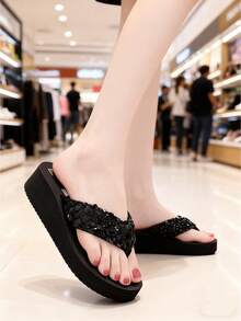 女士夏季人字拖凉鞋，坡跟休闲沙滩拖鞋，百搭 - 黑色 - 查看 6