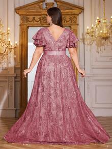 XUIBOL Hochwertig dehnbares, elegantes Pailletten-Patchwork-Kleid in superenganliegender Passform, Große Größen mit V-Ausschnitt, ideal für Abendveranstaltungen, Cocktailpartys, Hochzeiten, Jahrestage, Familienfeiern, formelle Galas, Bridal-Shower, Geburtstagsfeiern. Luxuriöses, würdevolles Kleid für die Brautmutter mit schweren Verzierungen. - Pink - Übersicht 2