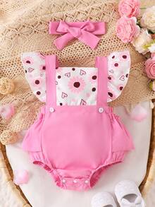 Baby Girls' Cute Square Collar Floral Ruffle Trim Bodysuit With Headband, Spring/Summer - Pink - View 1