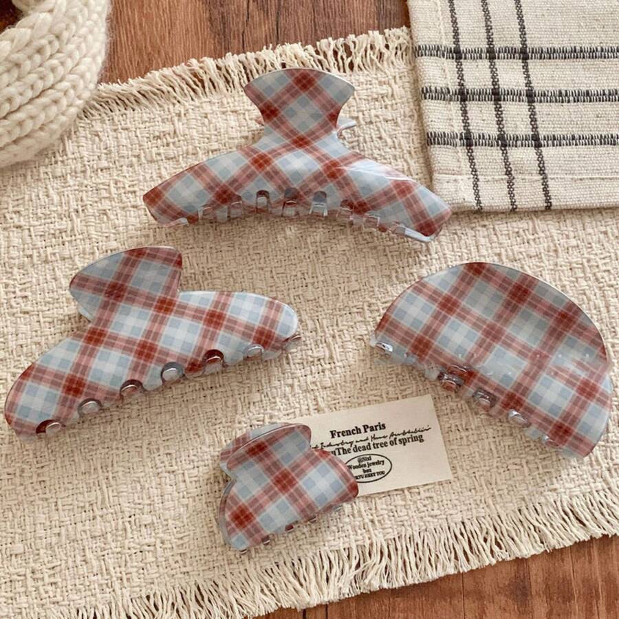 Vintage Plaid Acetate Medium Hair Claw Women, High-End Feel, Back Of Bun Shark Clip, Ponytail Hair Clip, Hair Accessory - 格紋半圓 - 查看 1