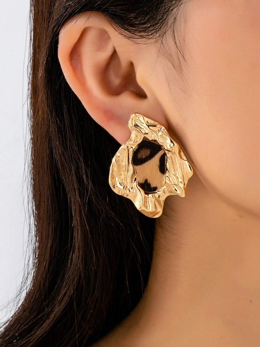 1对女士耳环，时尚不对称几何豹纹波浪耳环，适合冬季佩戴 - 金黃色 - 查看 1
