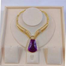 Woman Jewelry Set Luxe Gold-Tone Deep Purple Gemstone Jewelry Set: Statement-Making Necklace, Earrings, Bracelet & Ring Combo Crafted High Quality - Necklace + Earrings + Ring + Bracelet - View 6